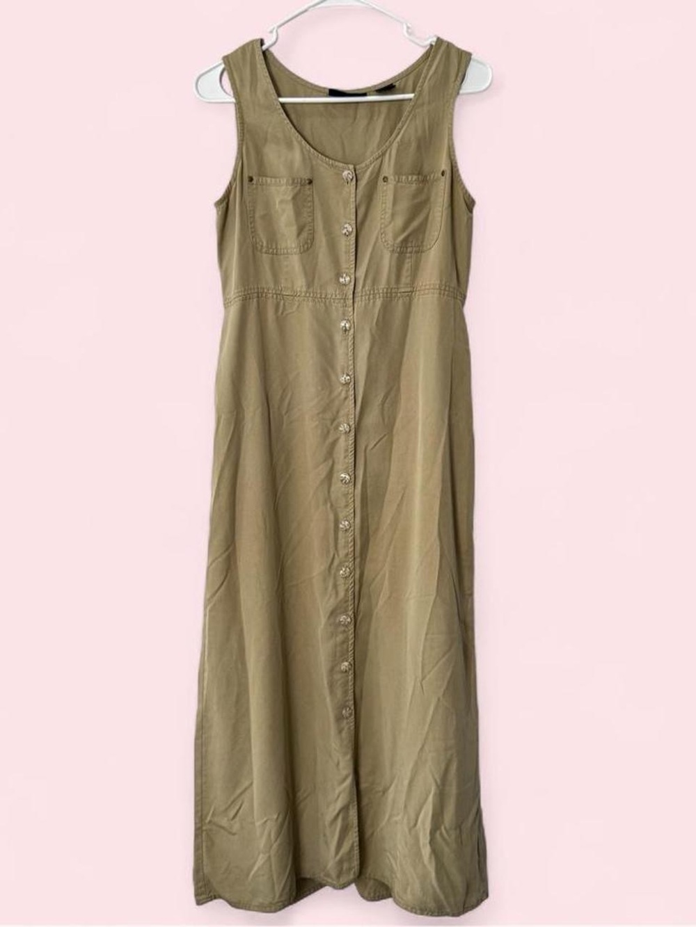 Liz Claiborne Olive Green Sleeveless Button-Front Maxi Dress 90s vintage